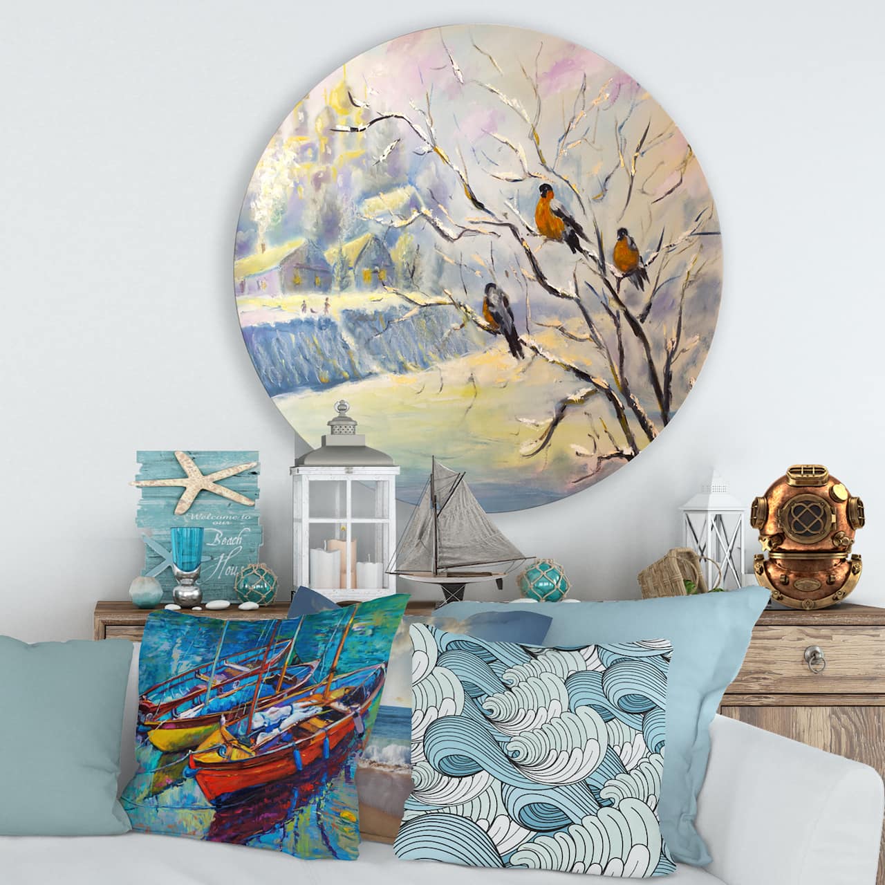 Designart - Rustic Birds On A Tree In Winter Village - Farmhouse Metal Circle Wall Art